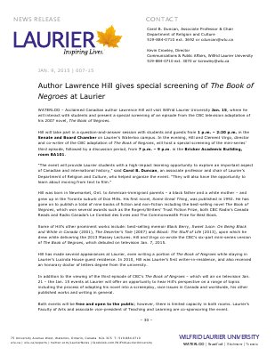 007-2015 : Author Lawrence Hill gives special screening of The Book of Negroes at Laurier