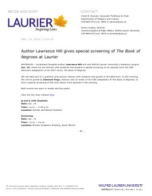 010-2015 : Author Lawrence Hill gives special screening of The Book of Negroes at Laurier