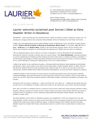 014-2015 : Laurier welcomes acclaimed poet Sonnet L’Abbé as Edna Staebler Writer-in-Residence