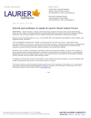 017-2015 : Activist and professor to speak at Laurier Social Justice Forum