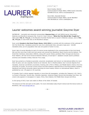 020-2015 : Laurier welcomes award-winning journalist Gwynne Dyer