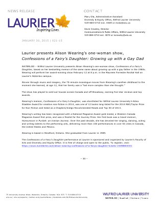 021-2015 : Laurier presents Alison Wearing’s one-woman show, Confessions of a Fairy’s Daughter: Growing up with a Gay Dad