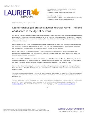 023-2015 : Laurier Unplugged presents author Michael Harris: The End of Absence in the Age of Screens