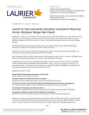 027-2015 : Laurier to host concussion education symposium featuring former Kitchener Ranger Ben Fanelli