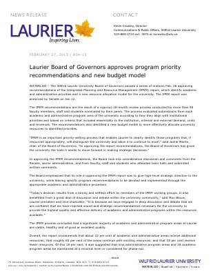 034-2015 : Laurier Board of Governors approves program priority recommendations and new budget model