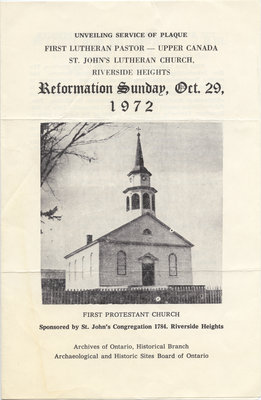 Unveiling service of plaque - First Lutheran Pastor, Upper Canada, St. John's Lutheran Church, Reformation Sunday, October 29, 1972