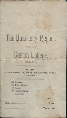 C. H. Little report card, Gaston College, 1888