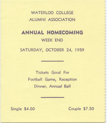 1959 Waterloo College Homecoming weekend ticket