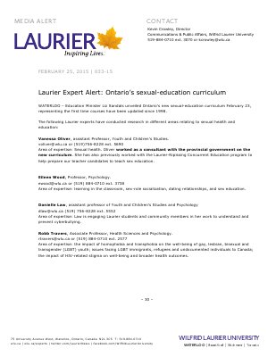 033-2015 : Laurier Expert Alert: Ontario’s sexual-education curriculum