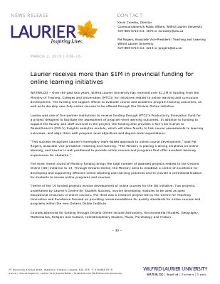 036-2015 : Laurier receives more than $1M in provincial funding for online learning initiatives