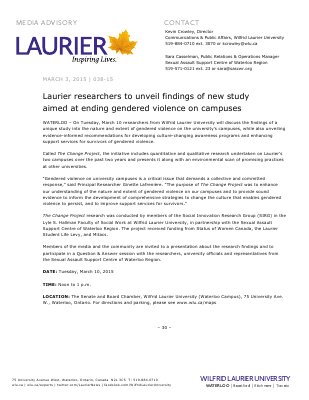 038-2015 : Laurier researchers to unveil findings of new study aimed at ending gendered violence on campuses