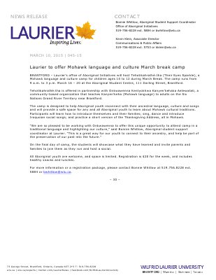 045-2015 : Laurier to offer Mohawk language and culture March break camp