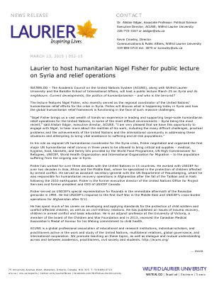 052-2015 : Laurier to host humanitarian Nigel Fisher for public lecture on Syria and relief operations