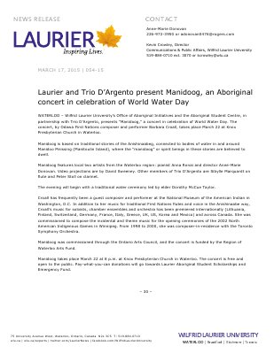 054-2015 : Laurier and Trio D’Argento present Manidoog, an Aboriginal concert in celebration of World Water Day