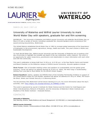 057-2015 : University of Waterloo and Wilfrid Laurier University to mark World Water Day with speakers, graduate fair and film screening