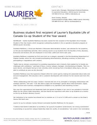 058-2015 : Business student first recipient of Laurier’s Equitable Life of Canada Co-op Student of the Year award