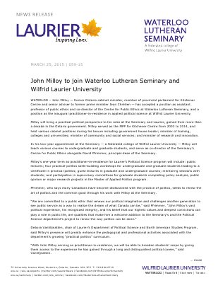 059-2015 : John Milloy to join Waterloo Lutheran Seminary and Wilfrid Laurier University