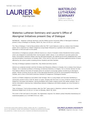 060-2015 : Waterloo Lutheran Seminary and Laurier’s Office of Aboriginal Initiatives present Day of Dialogue