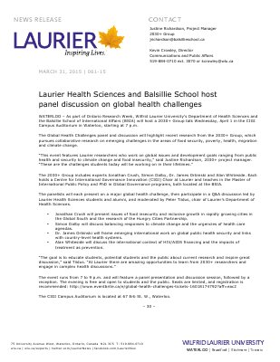 061-2015 : Laurier Health Sciences and Balsillie School host panel discussion on global health challenges