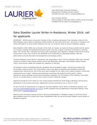 063-2015 : Edna Staebler Laurier Writer-in-Residence, Winter 2016: call for applicants