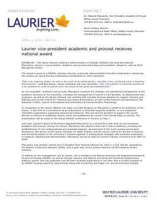 065-2015 : Laurier vice-president academic and provost receives national award