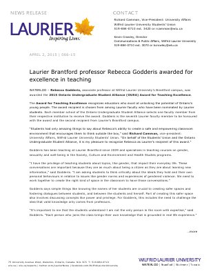 066-2015 : Laurier Brantford professor Rebecca Godderis awarded for excellence in teaching