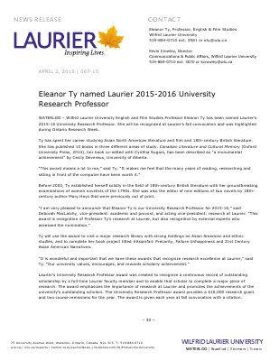 067-2015 : Eleanor Ty named Laurier 2015-2016 University  Research Professor