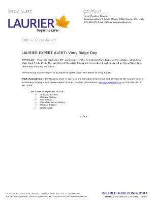 068-2015 : LAURIER EXPERT ALERT: Vimy Ridge Day