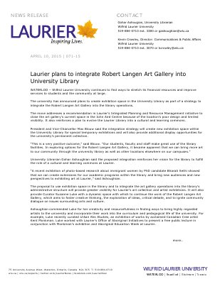 071-2015 : Laurier plans to integrate Robert Langen Art Gallery into University Library