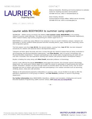 075-2015 : Laurier adds BODYWORX to summer camp options