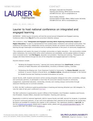 080-2015 : Laurier to host national conference on integrated and engaged learning