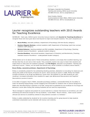 081-2015 : Laurier recognizes outstanding teachers with 2015 Awards for Teaching Excellence