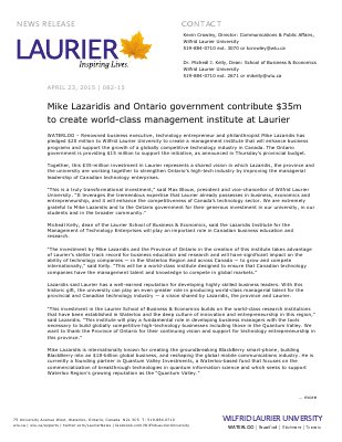 082-2015 : Mike Lazaridis and Ontario government contribute $35m to create world-class management institute at Laurier