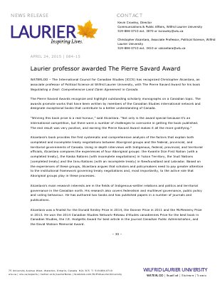 084-2015 : Laurier professor awarded The Pierre Savard Award