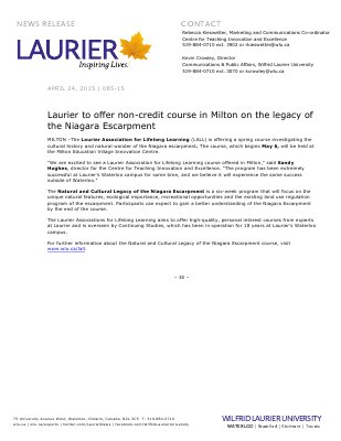 085-2015 : Laurier to offer non-credit course in Milton on the legacy of the Niagara Escarpment