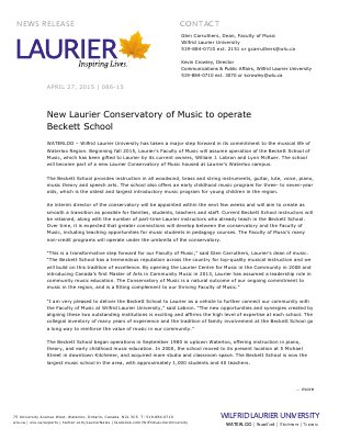 086-2015 : New Laurier Conservatory of Music to operate  Beckett School