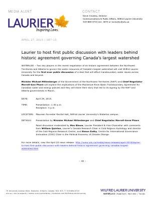 087-2015 : Laurier to host first public discussion with leaders behind historic agreement governing Canada’s largest watershed