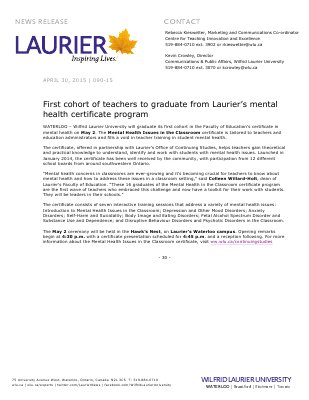090-2015 : First cohort of teachers to graduate from Laurier’s mental health certificate program
