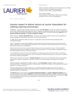 092-2015 : Humour expert to deliver lecture at Laurier Association for Lifelong Learning anniversary