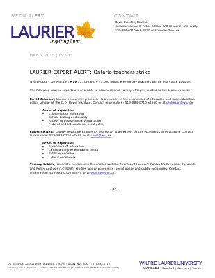 093-2015 : LAURIER EXPERT ALERT: Ontario teachers strike