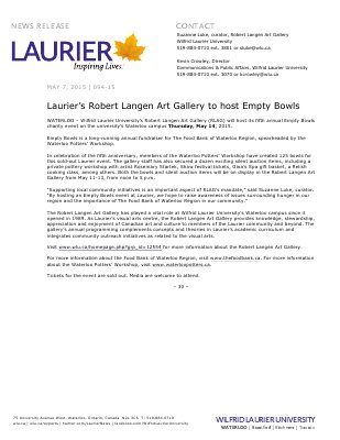 094-2015 : Laurier’s Robert Langen Art Gallery to host Empty Bowls