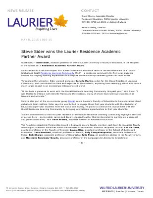 096-2015 : Steve Sider wins the Laurier Residence Academic Partner Award