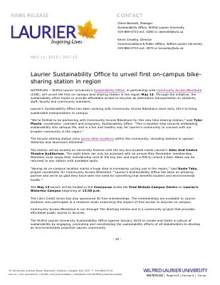 097-2015 : Laurier Sustainability Office to unveil first on-campus bikesharing station in region
