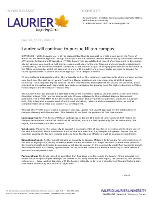 098-2015 : Laurier will continue to pursue Milton campus