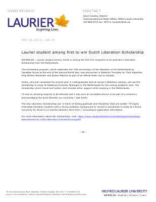 100-2015 : Laurier student among first to win Dutch Liberation Scholarship