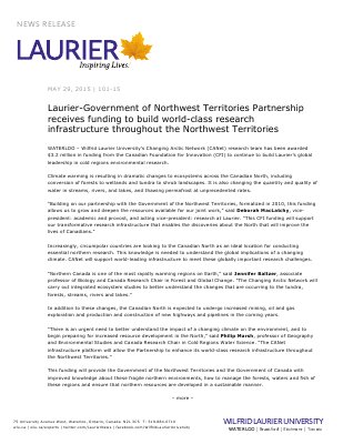 101-2015 : Laurier-Government of Northwest Territories Partnership receives funding to build world-class research infrastructure throughout the Northwest Territories