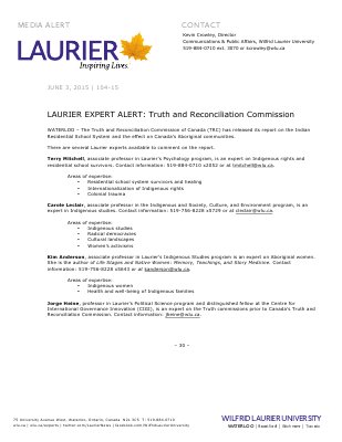 104-2015 : LAURIER EXPERT ALERT: Truth and Reconciliation Commission