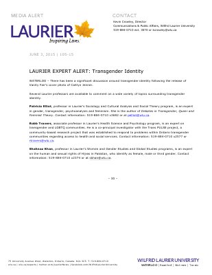 105-2015 : LAURIER EXPERT ALERT: Transgender Identity