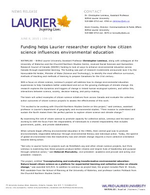 109-2015 : Funding helps Laurier researcher explore how citizen science influences environmental education