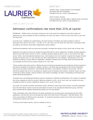 111-2015 : Admission confirmations rise more than 21% at Laurier